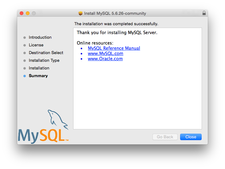 Shows that the installation was a success, and includes links to the MySQL manual, mysql.com, and oracle.com.